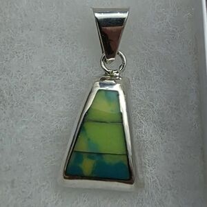 925 TAXCO Mexico Sterling Silver Green & Yellow Marble Inlay Stone 1.5" Pendant